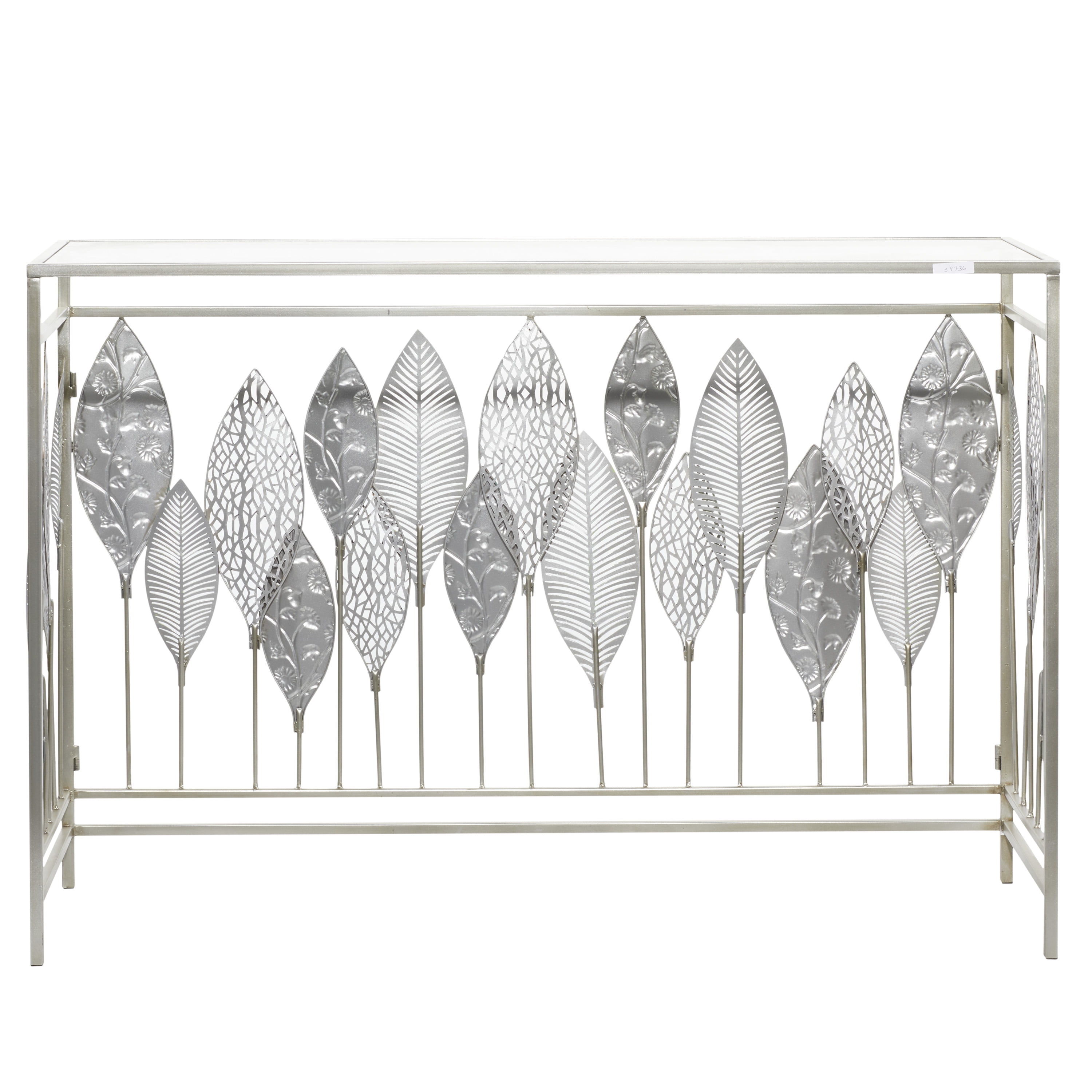 DecMode Silver Contemporary Rectangular Metal Console Table with Green Leaves Sculpture, 44"W x 30"H
