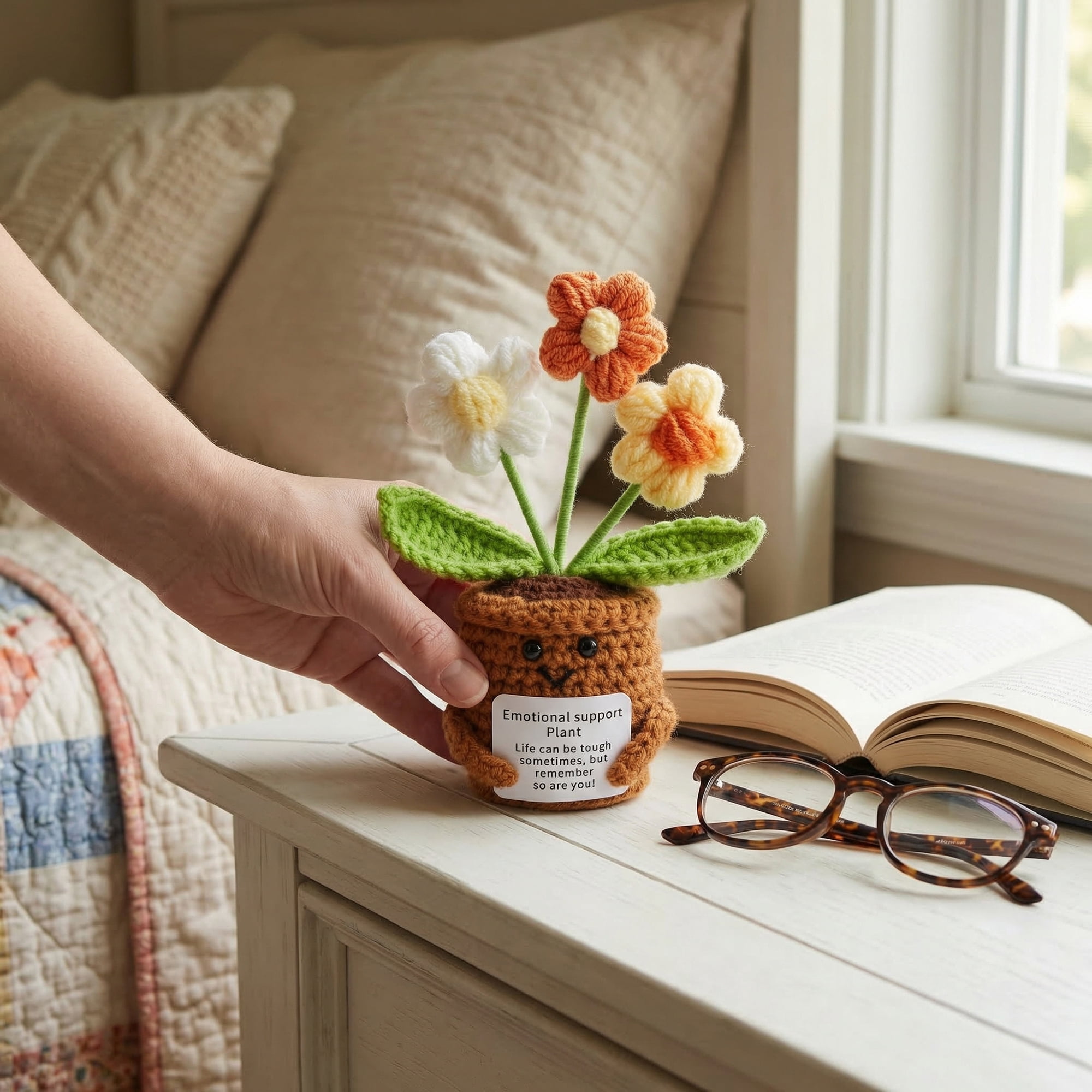 Unique Bargains Handmade Crochet Potted Knitted Plant Small Yellow Flowers 4.3inch