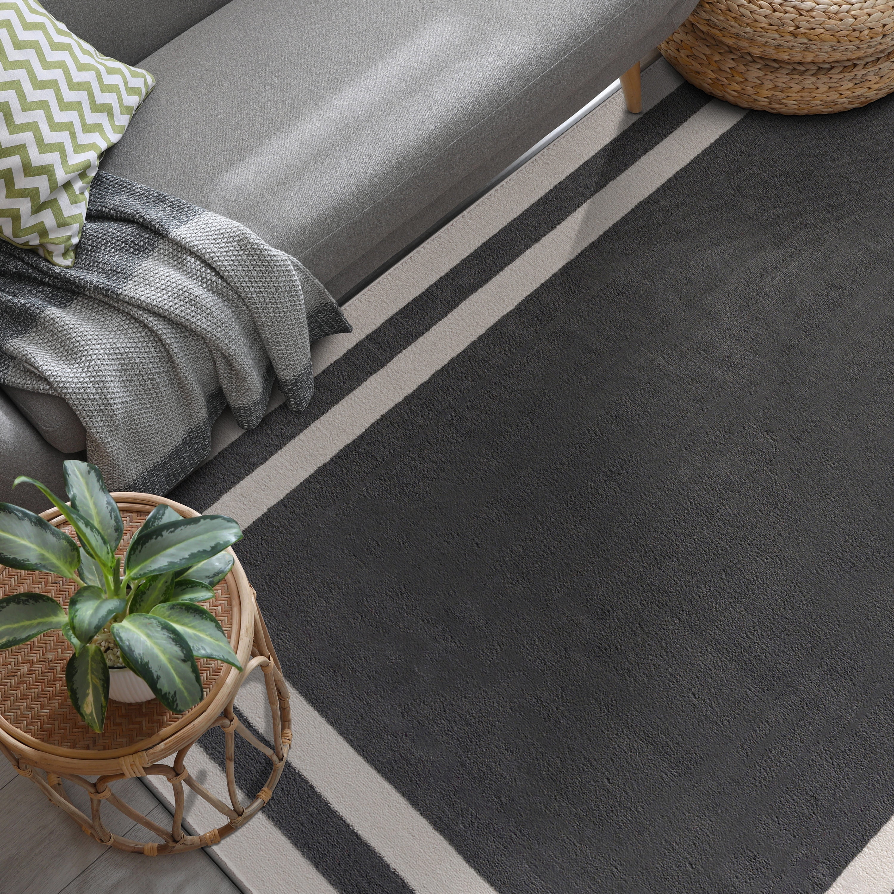 CAMILSON Crystal Dark Grey Area Rug, 3' x 5' Bordered, for Living Room, Bedroom, Dining Room Dark Grey / Cream Indoor Area Rugs