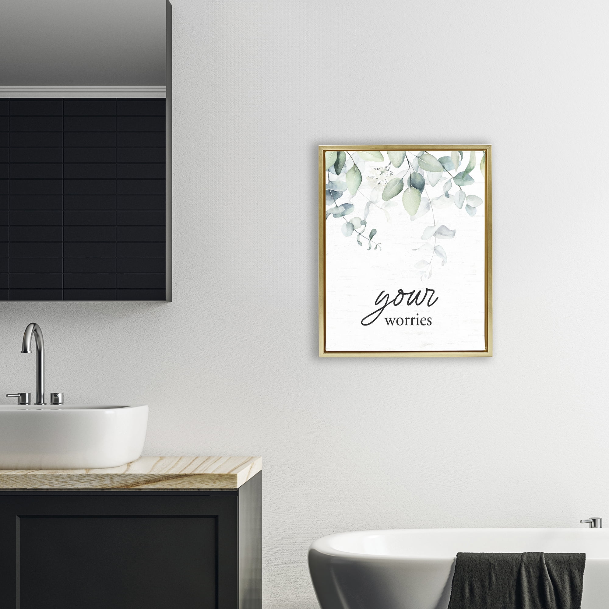 Your Worries Eucalyptus Gold Framed Floater Canvas Wall Art, design by Lettered and Lined