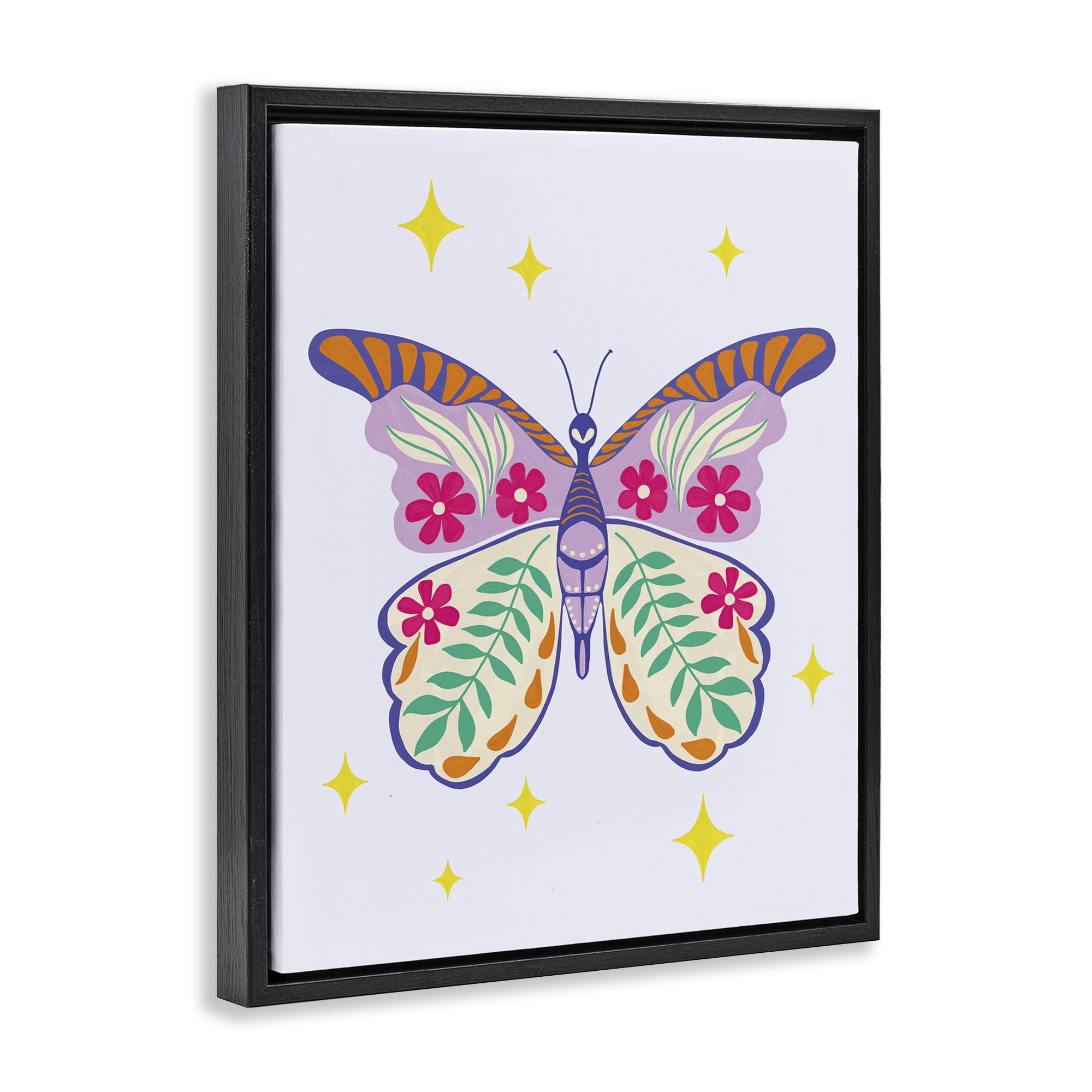 Stupell Industries Free Spirit Floral Butterfly Animals Painting Black Floater Framed Canvas Art Print Wall Art, 17 x 21