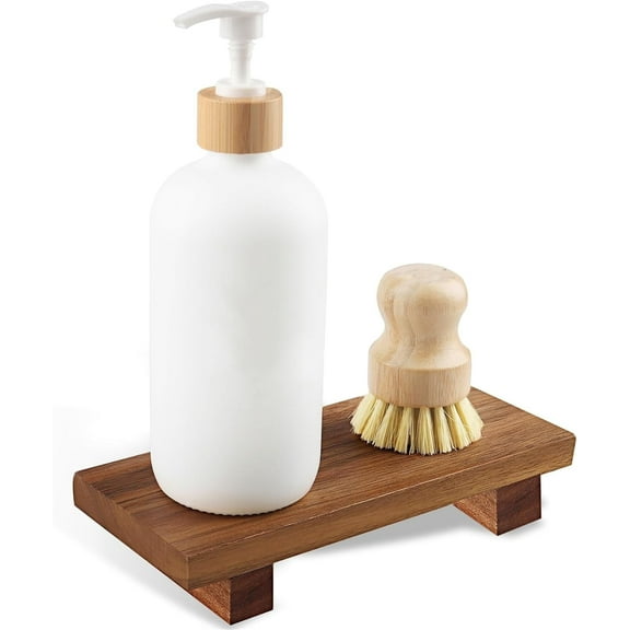 RUseeN Small Wood Tray Pedestal Stand Farmhouse Bathroom Decor Decorative Wooden Riser Kitchen Soap Dish Holder for Vanity, Counter, Sink, Rustic Candle Plant Holder, Brown