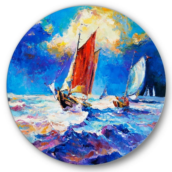 Designart 'Sailships On The Ocean Waves During Evening' Nautical & Coastal Circle Metal Wall Art 36x36 - Disc of 36