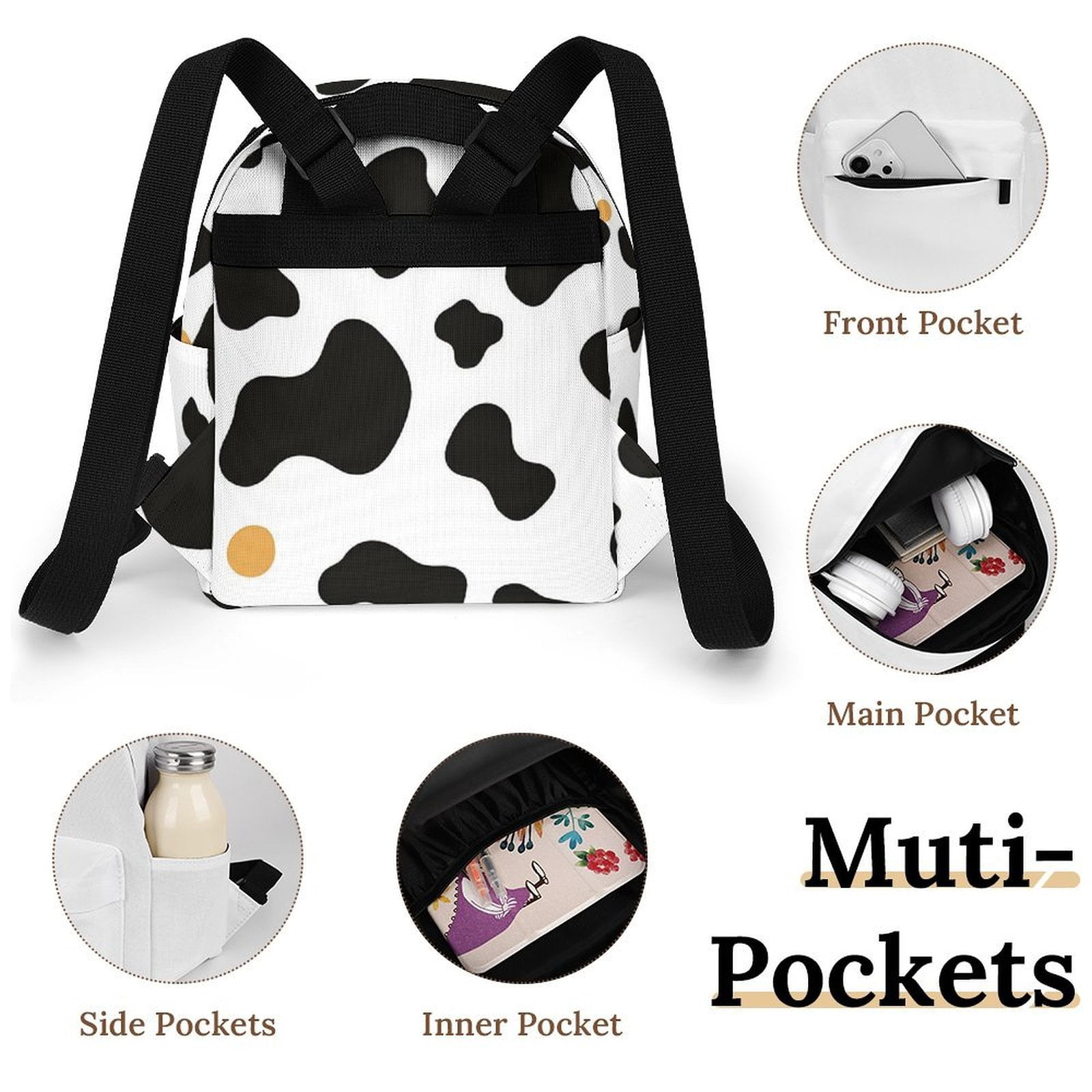 8.1×10in Casual Women'S Backpack With Anti-Contraction And Stretch For Sports Activities Travel Picnics Simple Cow Print Pattern, Vector Art Style_2