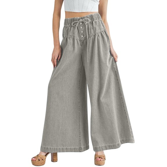 Womens Denim Wide Leg Pants Elastic Waist Palazzo Pants Drawstring Flowy Culottes Casual Travel Light Blue XL