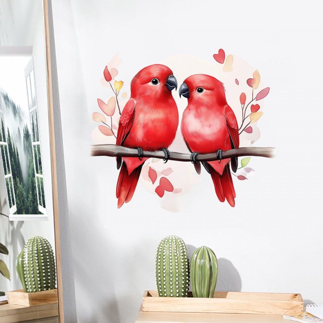 Par de pegatinas de pared románticas con pájaros del amor, loros rojos, 30 x 30 cm
