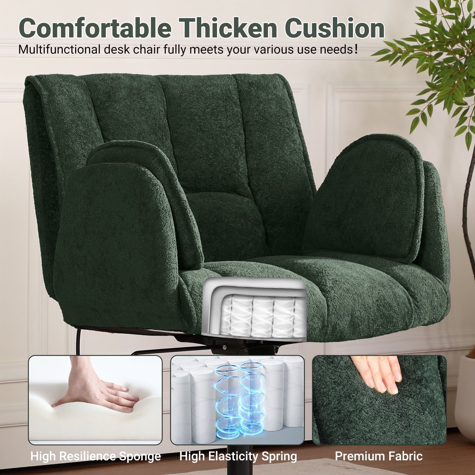 Criss Cross Office Chair with 6-Level Folding Arms and Wheels, Ergonomic Fabric Cross Legged Chair with Dynamic Lumbar Support, Plus Size Swivel Vanity Chair for Home Office, Living Room, Makeup