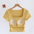thumbnail image 6 of XPMWRP Women's Short Sleeve Square Neck Crop Top with Built in Bra Summer Cropped Tees Solid Color Lightweight Blouse Yellow XL, 6 of 7