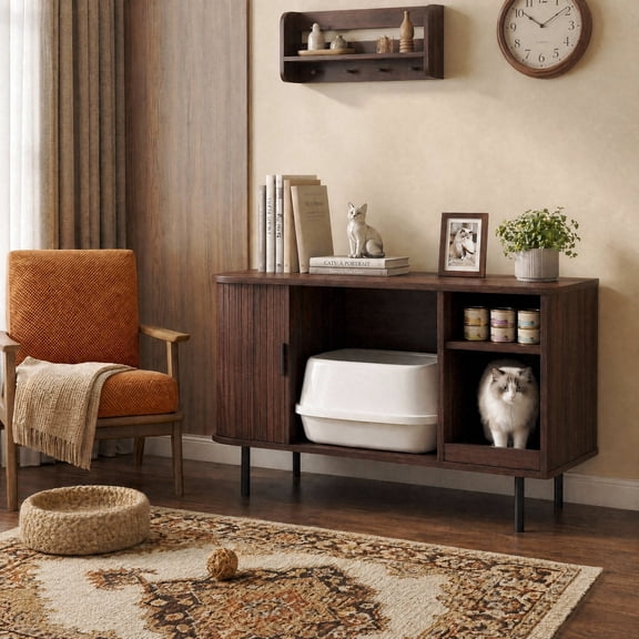 Naipo Cat Litter Box Enclosure with Sliding Tambour Door, 37.4" Hidden Litter Box Furniture, Wood Cat Litter Box Cabinet with Mat & Waterproof Pad, Rustic Brown