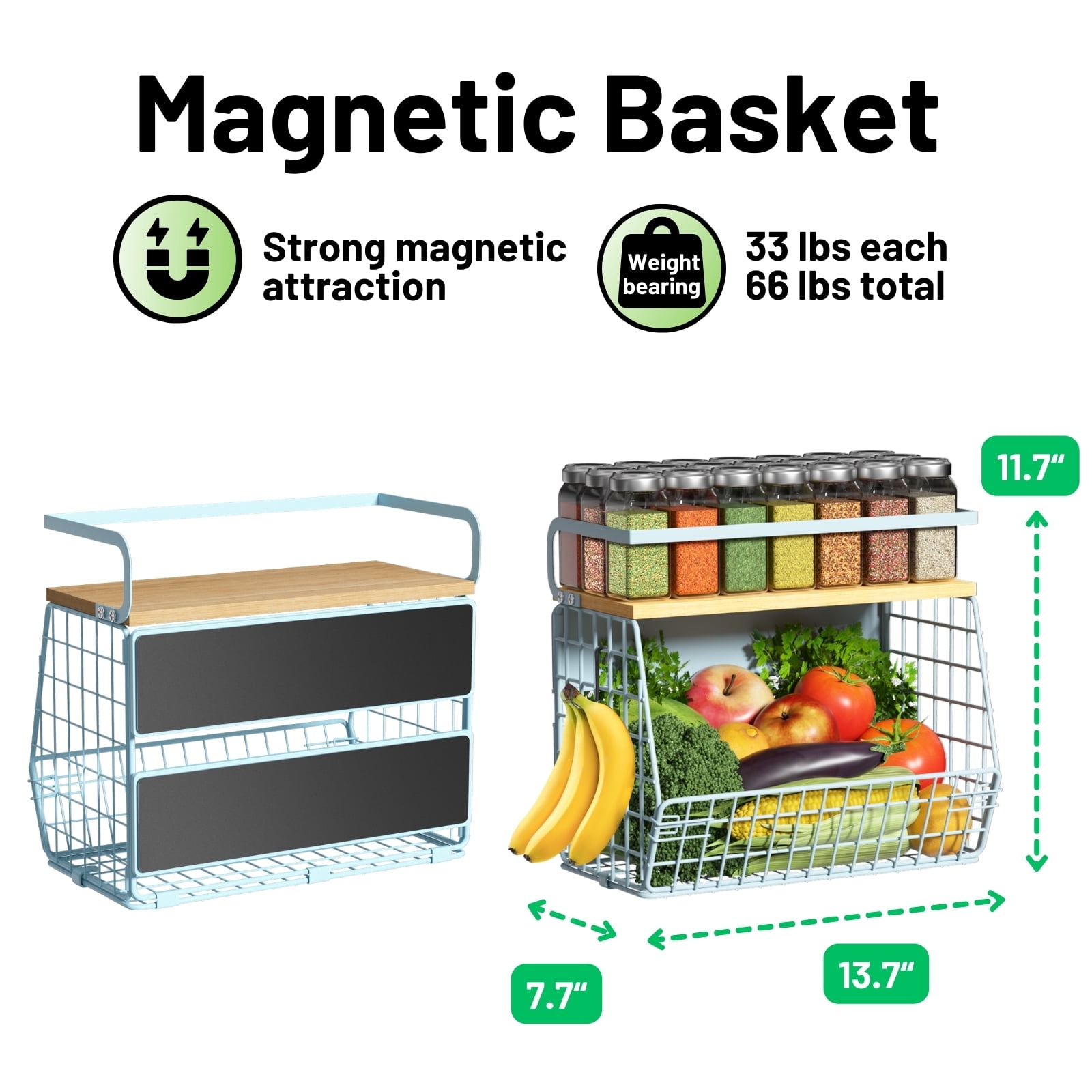 Magnetic Shelf for Fridge with Wood Lid, Fruit Potato and Onion Storage Bins, Pantry Organizers & Storage, Large Container Magnetic Spice Rack for Refrigerator, Kitchen Counter, Cabinet (Blue, 1)