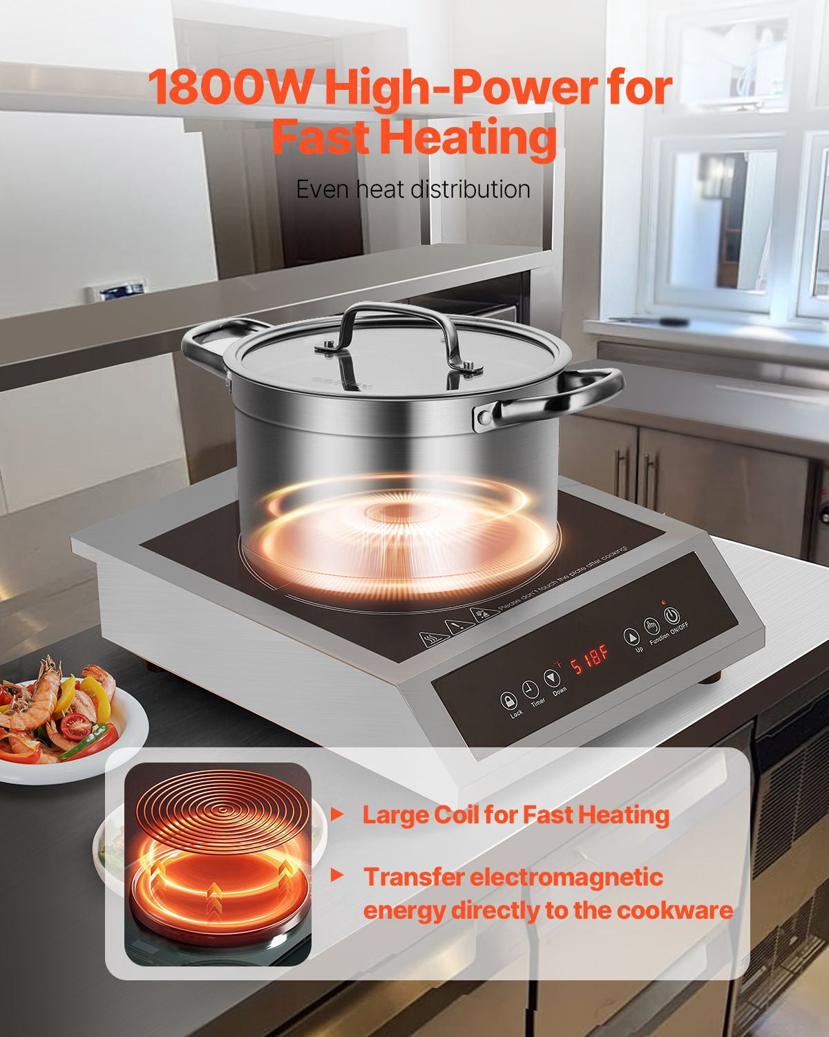 1800W Portable Induction Cooktop, 1800W Commercial Induction Burner with 9 Temperature Settings, Child Lock, Waterproof, for restaurant cafe food truck catering and home kitchen use