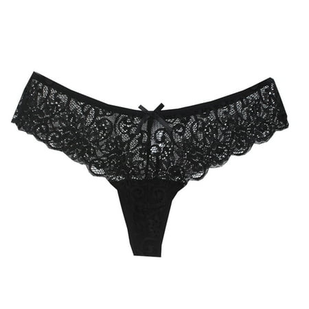 TIHLMK Womens Thong Underwear Plus Size Women Pack Women s Fashion Lace Flower Transparent Gauze Bow Low Waist G-string Pants Panties Thong Gifts for Women Black Underwear