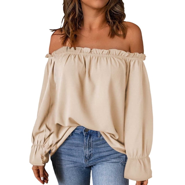 Blusa de manga larga con volantes y hombros descubiertos para mujer - Top informal holgado para otoño/invierno
