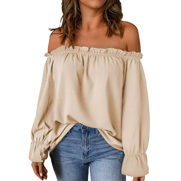 Blusa de manga larga con volantes y hombros descubiertos para mujer - Top informal holgado para otoño/invierno