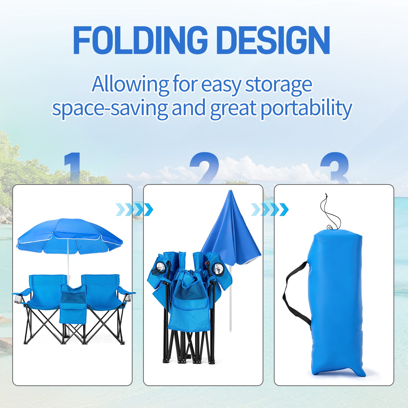 Double Fishing Chair with Detachable Sun Umbrella & Insulated Cooler Bag, 2 Person XL Folding Lounge Chair, Waterproof Oxford Cloth for Fishing Camping Beach Patio