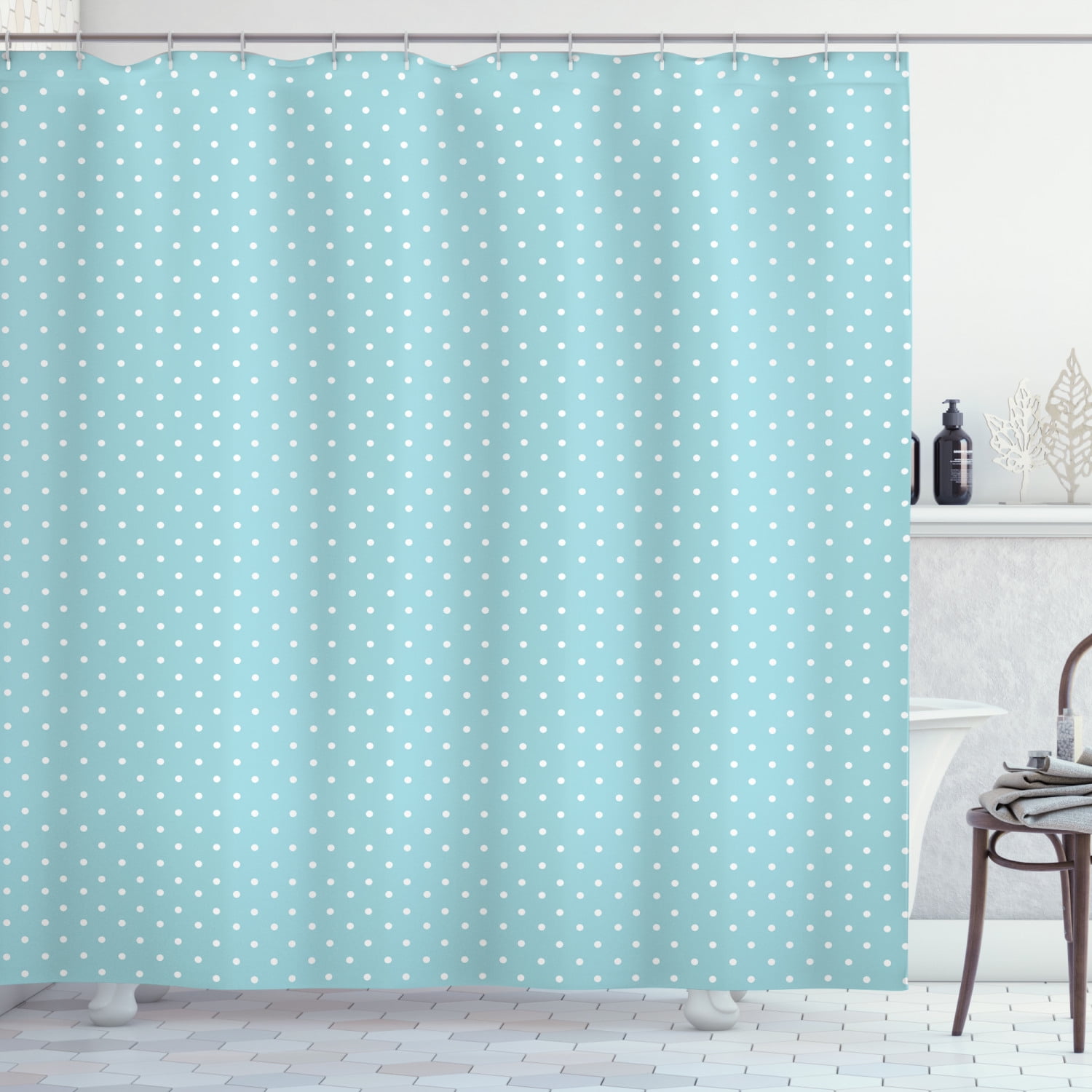 Light Blue Shower Curtain, Classic Polka Dots Vintage Design Stylish