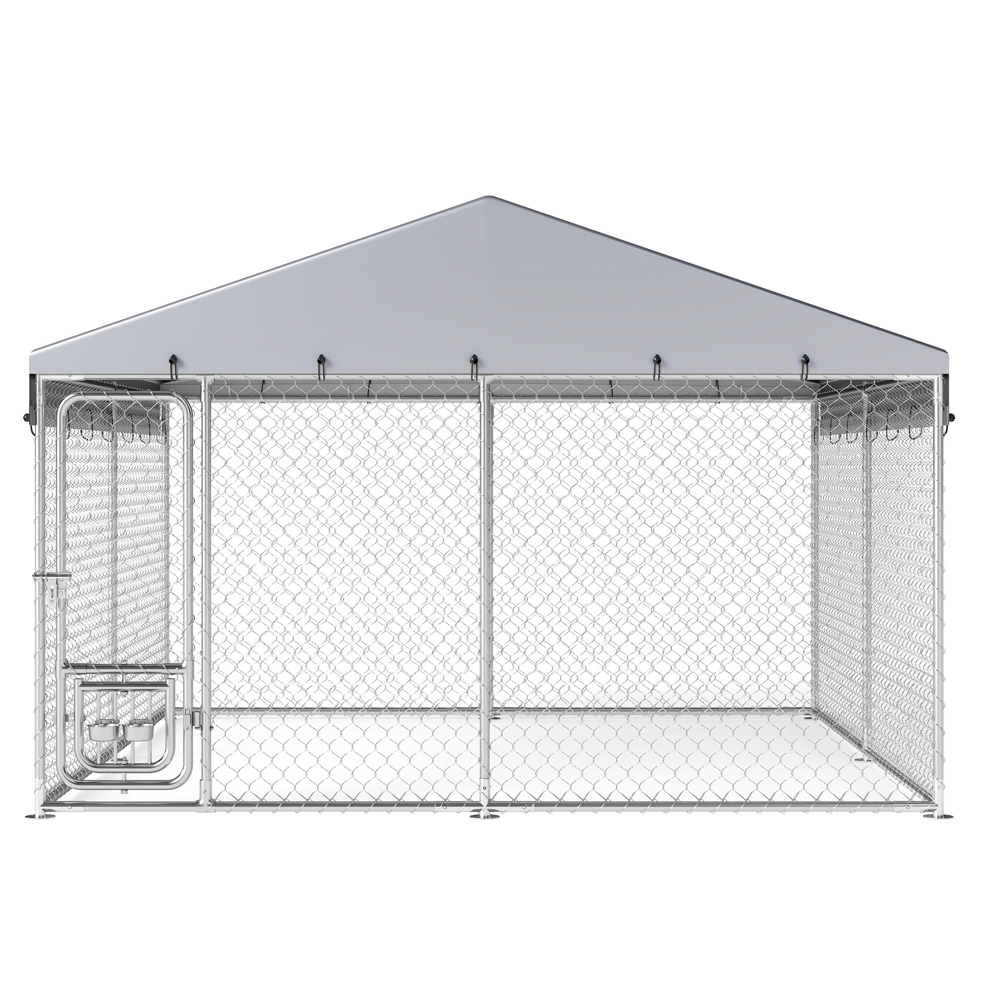 ModFusion 9.8' x 9.8' Large Outdoor Pet Kennel with Weatherproof Canopy, Secure Lock & Adjustable Feeding Bowls – Perfect for Dogs, Cats & More