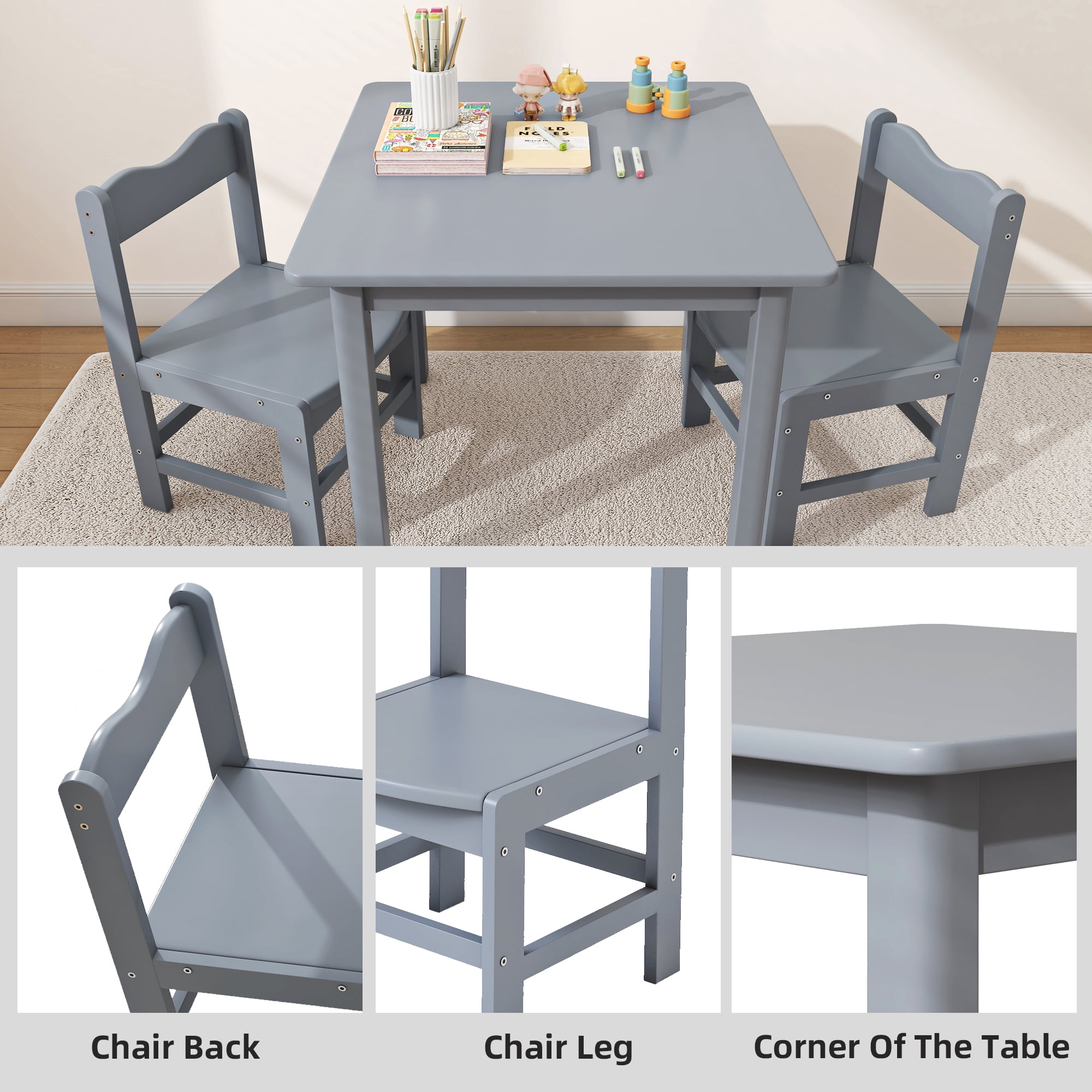 UNICOO® Wooden Kids Table and Chairs Set – 3-Piece Hard Wood Toddler Table with 2 Chairs – Playroom & Classroom Kids Desk and Chair Set for Arts, Crafts, Reading, Snacks (Gray)