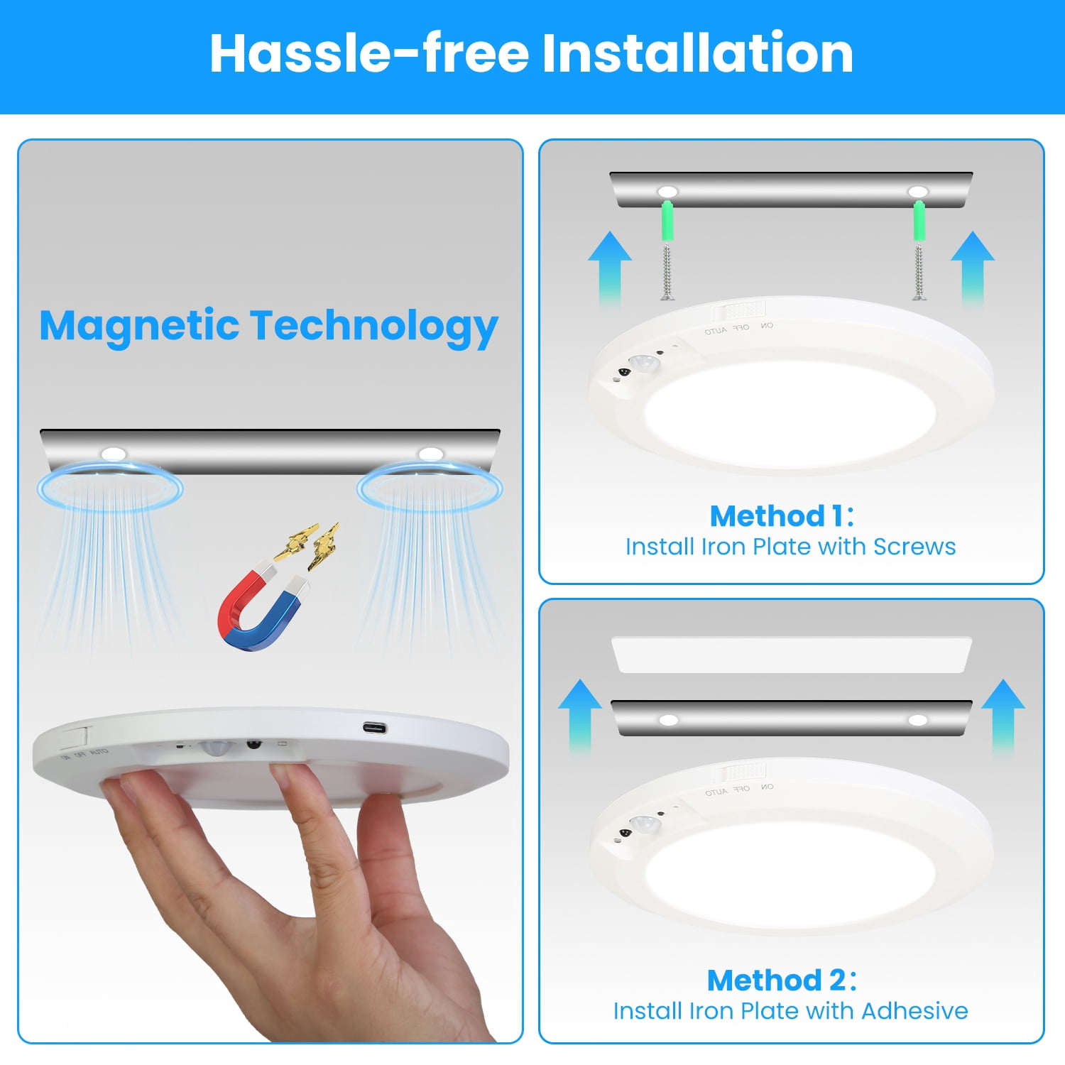 USB Rechargeable Motion Sensor Ceiling Light, Magnetic Mount LED Closet Light 3 Color Temp 4 Brightness 5 Timer PIR Sensor with Remote for Hallway Pantry Stairs