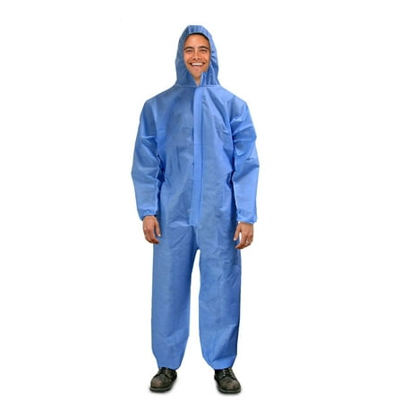 Disposable Coveralls for Men and Women, X-Large. Blue Hazmat Suit Costume. Water-Resistant SMS Polypropylene Painters Suit with Hood, Elastic Cuffs and Ankles, Front Zipper