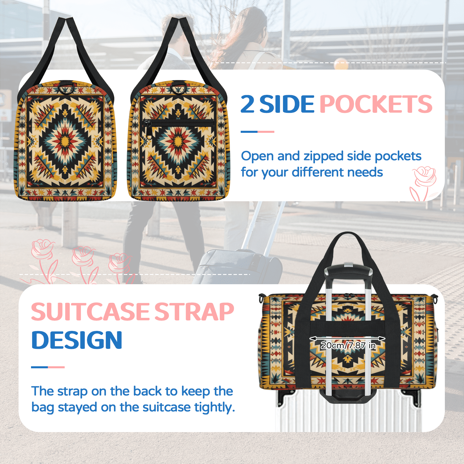 Herdesigns Western Aztec Boho Abstract Gym Bag for Women, Duffle Bag for Travel Sport, Lightweight Waterproof Carry on Weekender Overnight Dance Yoga Workout Bags