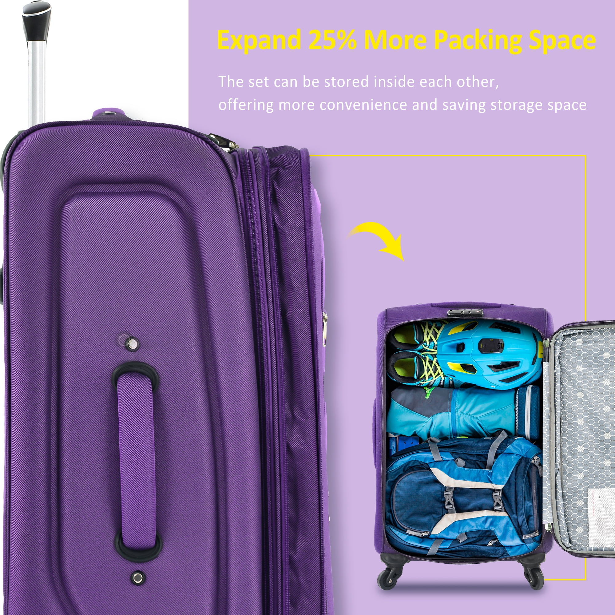 MAYEERTY 3-Piece Expandable Softside Luggage Set (22"+26"+30") - Oxford Fabric with TSA Lock & Spinner Wheels, Purple