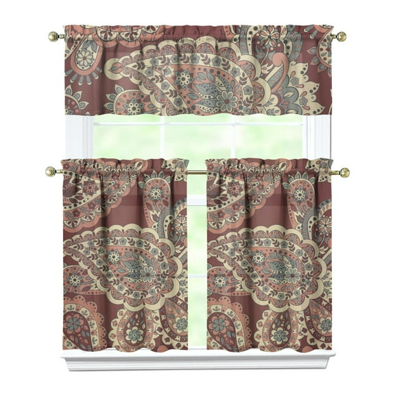 Exotic Artistic 3 PC Kitchen Curtains Set - Bohemian Floral Patterned Caf Curtains for Small Windows (54x18 27.5x36x2)