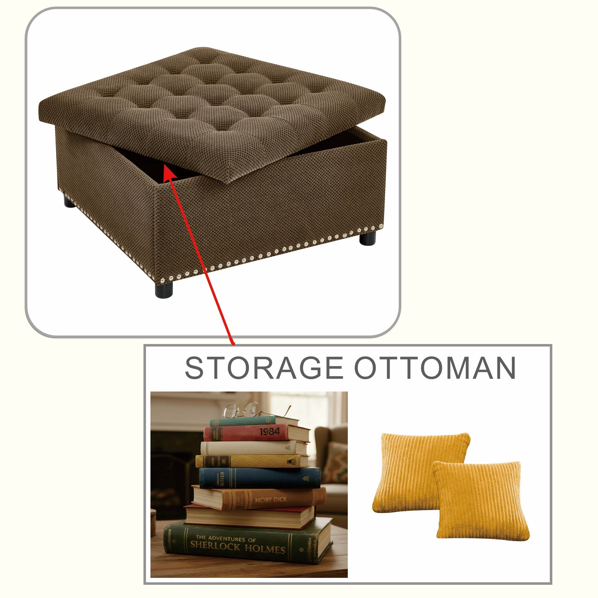 MOONMISS Square Storage Ottoman with Nailhead Trim , Upholstered Coffee Table for Bedroom Storage, Living Room Accent,Coffee