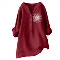 thumbnail image 2 of Bovemsi Cotton Linen Shirts for Women V Neck 3/4 Sleeve Loose Tshirt Trendy Blouses Casual Tunic Tops 2025, Red Summer Women's Long Sleeve T-Shirts, M, 2 of 5