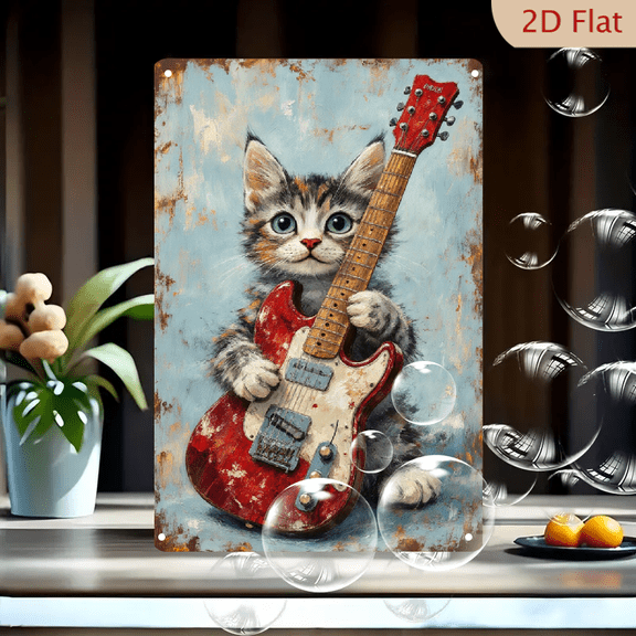 Vintage Red Fender Electric Guitar Kitten Art on Metal, 8x12 Inch Rustic Wall Decor Painting with Grey White Orange Tabby Cat, Distressed Blue Brown Background