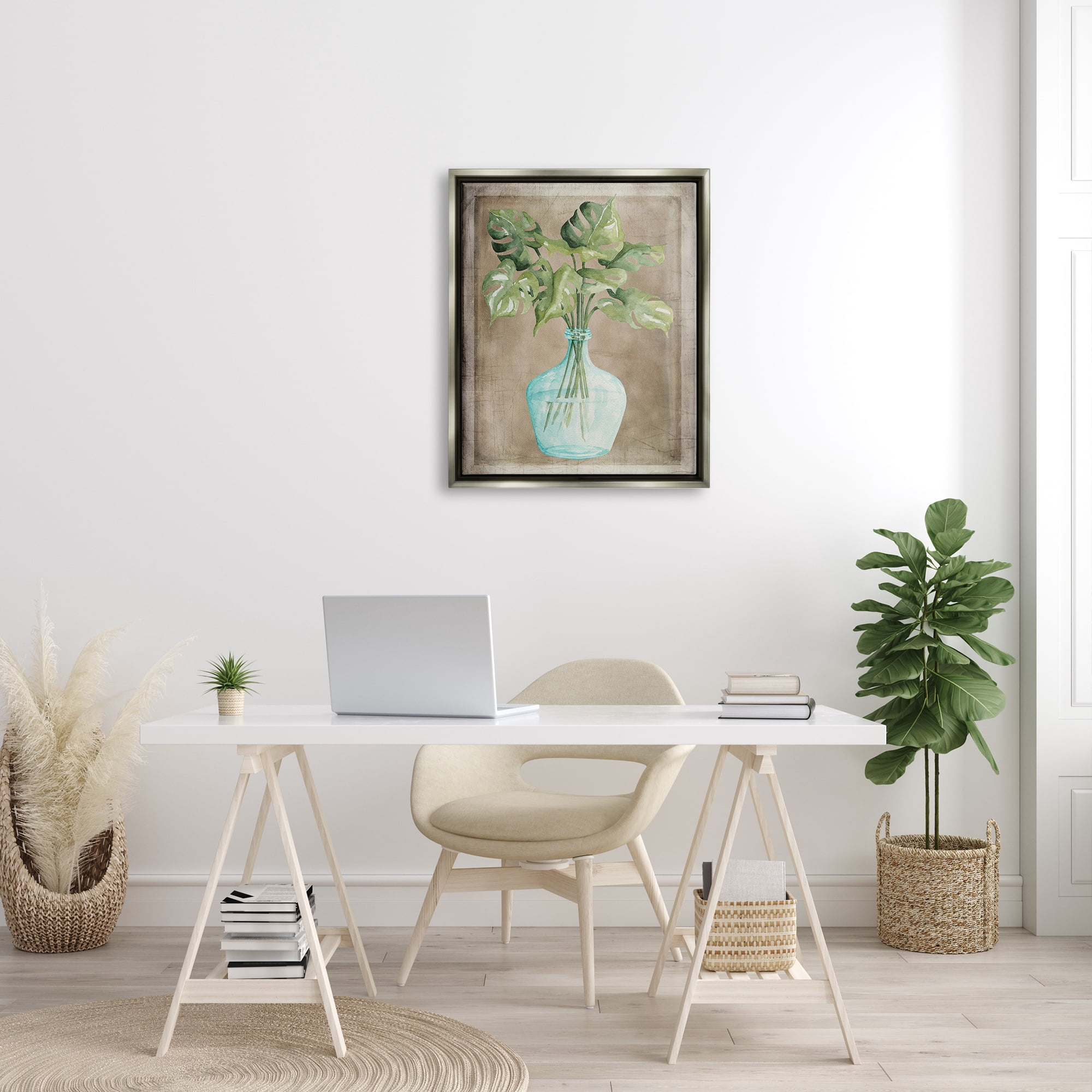 Stupell Industries Monstera Leaves Glass Vase Potted House Plant Painting Luster Gray Floating Framed Canvas Print Wall Art, Design by Cindy Jacobs
