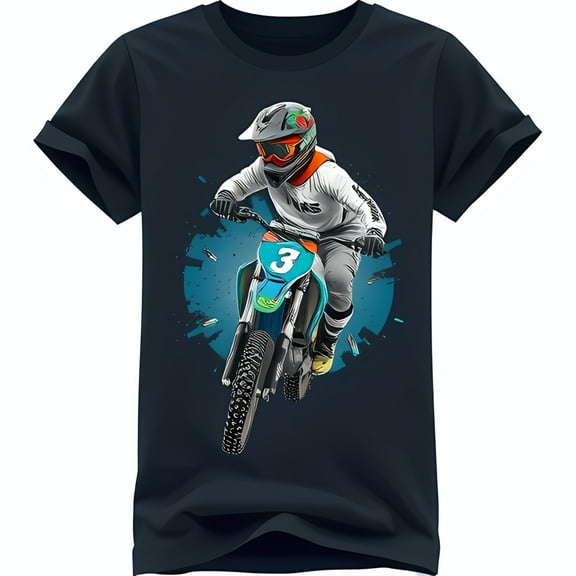 Motocross Rider in Action T-Shirt Blue & Green Dirt Bike Design on Black Tee