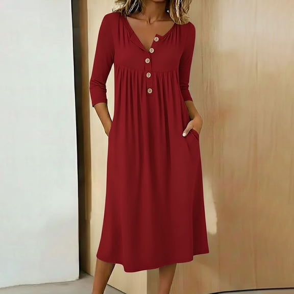 Nfurl Womens Sleep Gowns with Pockets Flowy Solid Color Button V Neck Nightgowns Comfy 3/4 Sleeve Long Nightgown for Women Sleepshirt Wine,L
