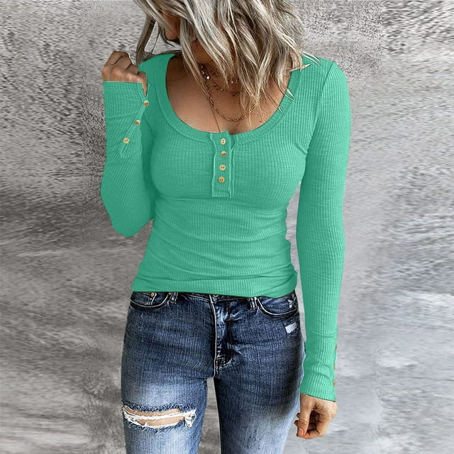 Women Long Sleeve T Shirts Button Down Slim Fit Tops Neck Ribbed Knit Shirts Tops for Women Casual Summer Medium Sleeve Space T Shirt And Shirt Set Women Work T Shirts Women Womens Loose Fit Running