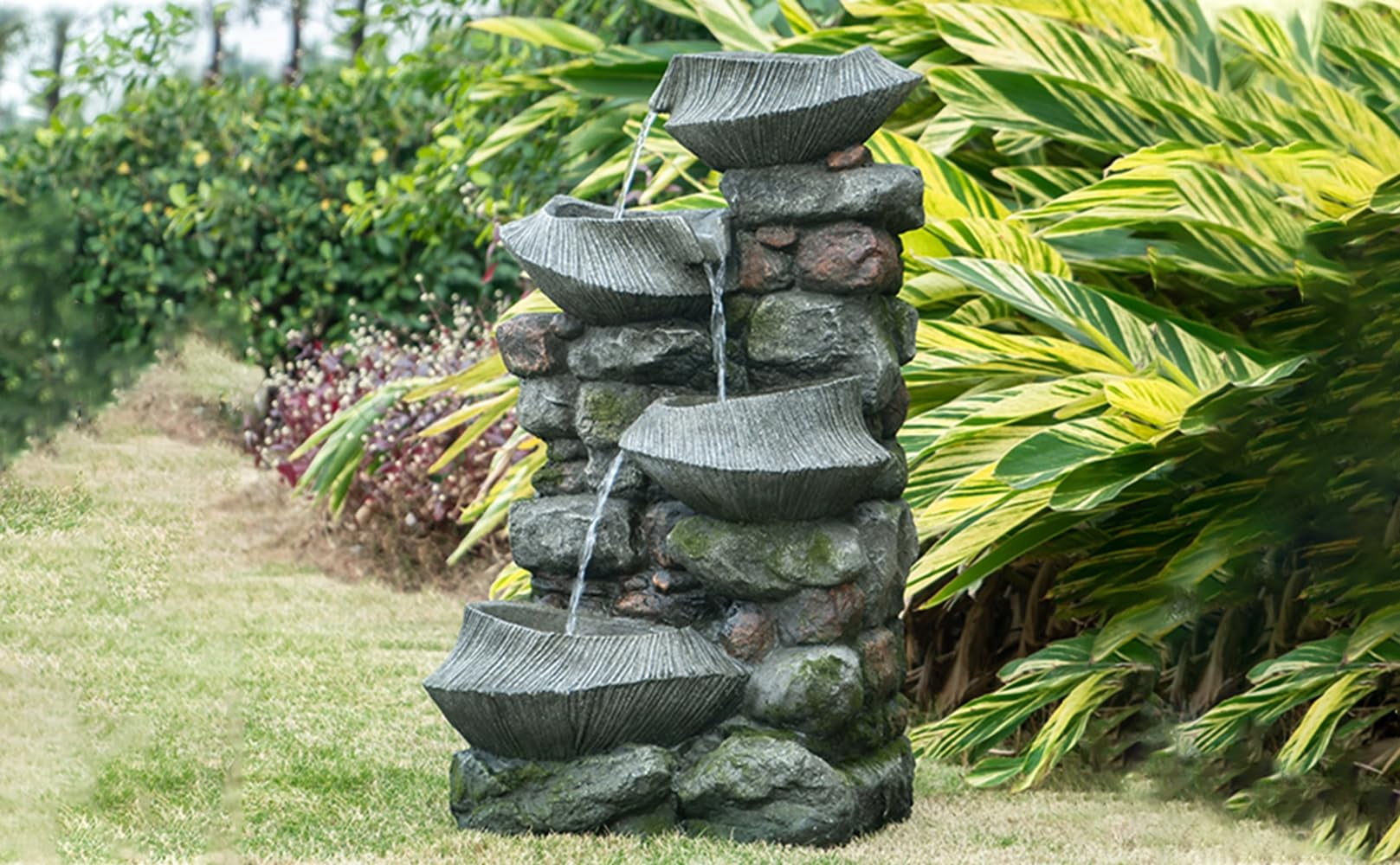 A&B Home 4-Tier Cascading Rock Bowl Water Fountain Outdoor with Lights, 32" in Tall