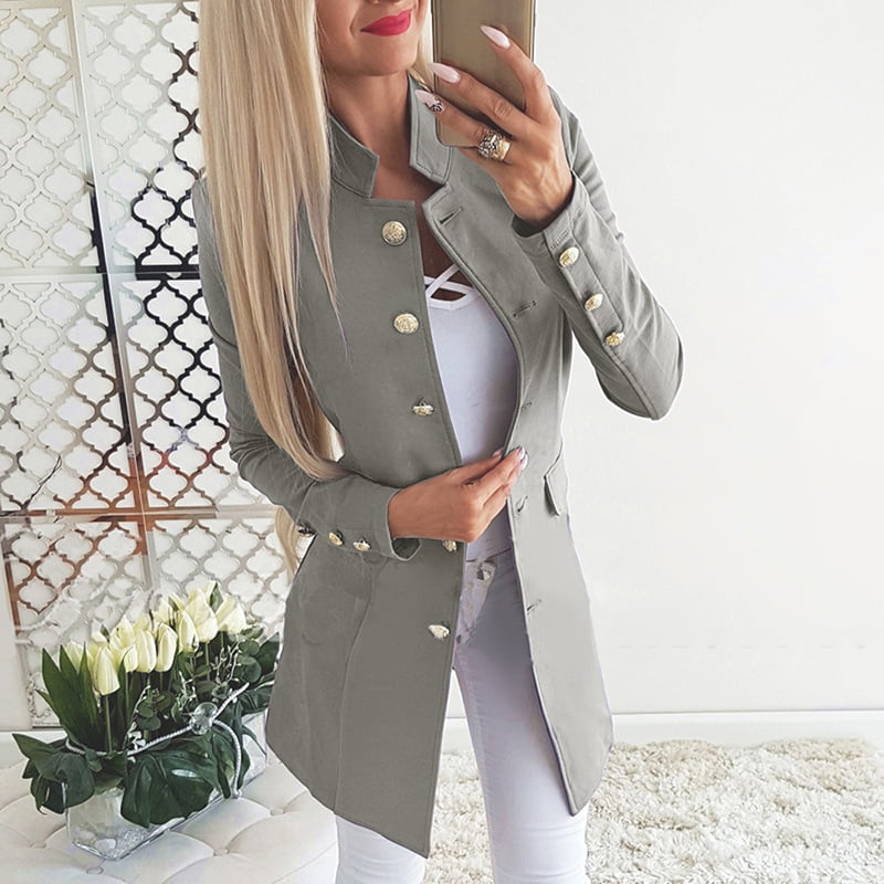 Coolred Women Fitted Office Suit Coat Casual Buttoned Lapel Blazer Light Grey M