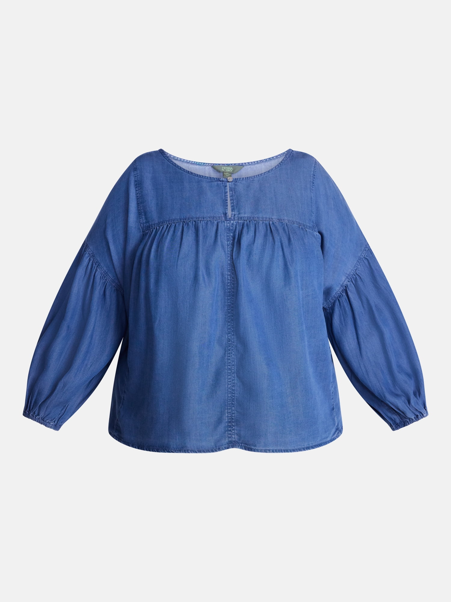 Terra & Sky Pleated Keyhole Front Blouse with Long Puff Sleeves, Sizes 0X-5X