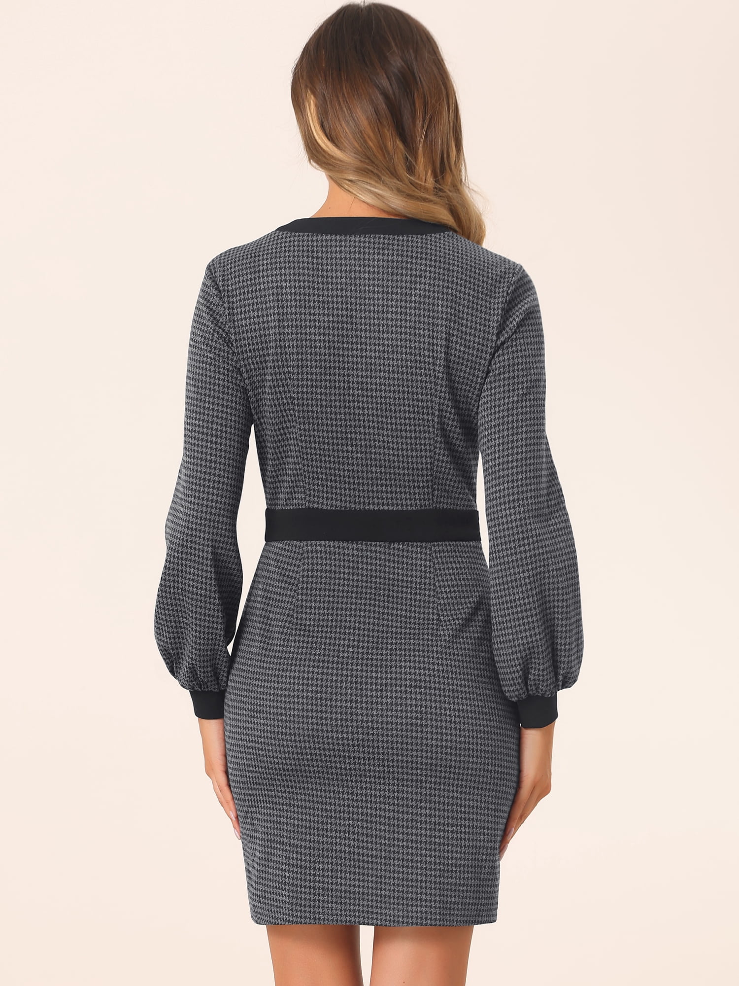 DARING DIVA V Neck Long Sleeves Elegant Sheath Houndstooth Dress M Dark Grey