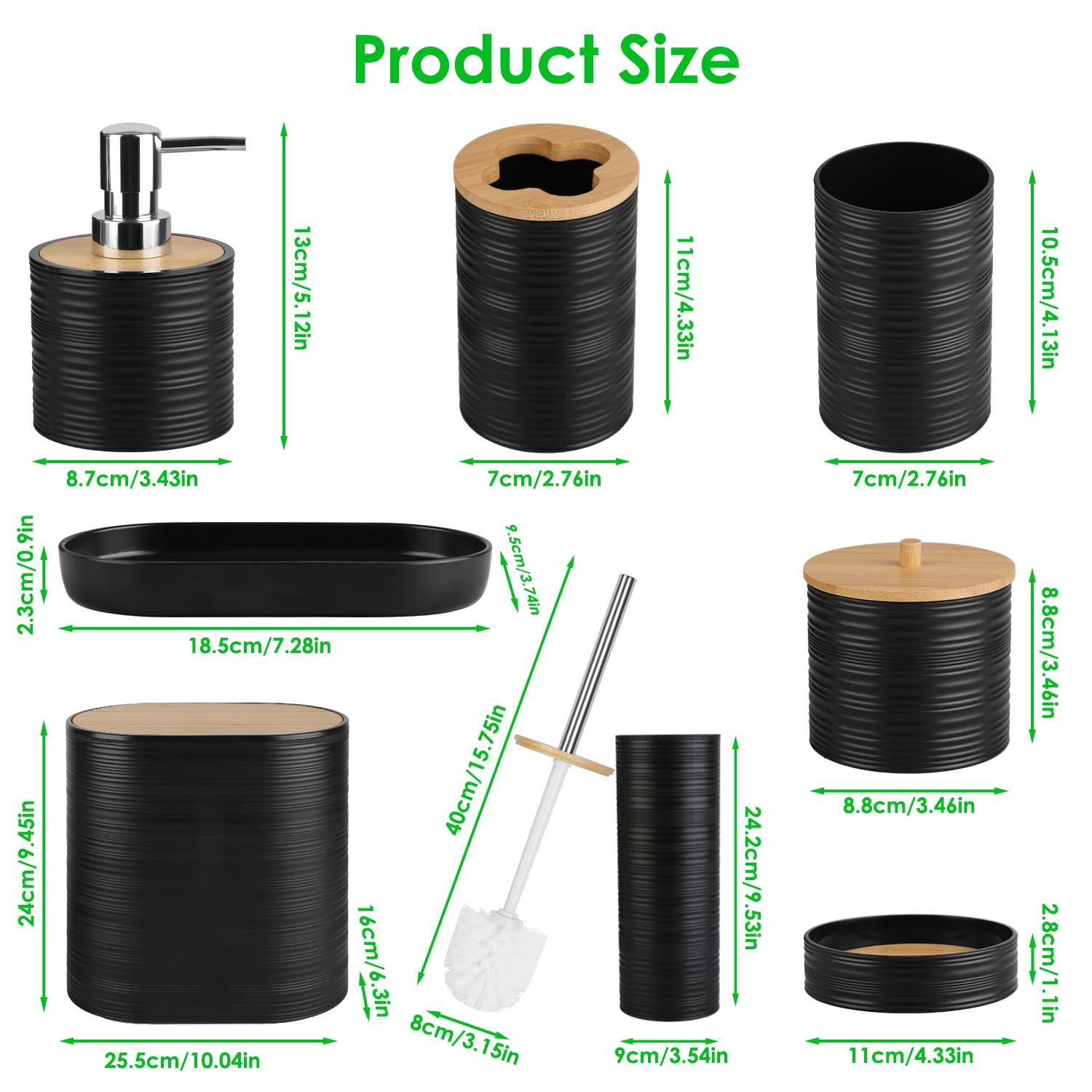 Imountek 8Pcs Bathroom Accessories Set, ABS & Bamboo Black Bathroom Decor Sets with Trash Can Toilet Brush for Home Hotel Office
