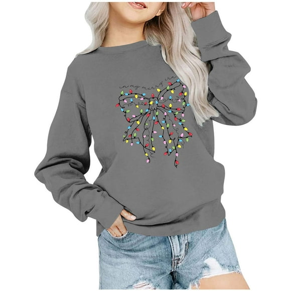 2025 Kid's Christmas Sweatshirt Crewneck Pullover Sweater Long Sleeve Shirt Fall Clothes Printed Top T-Shirt for Boys and Girls Sweatshirts 1-12Y Gray