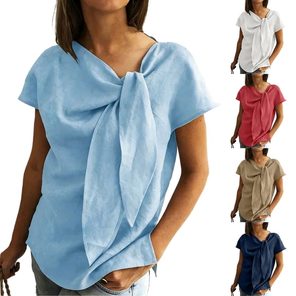 Women's Bow Tie V Neck Short Sleeve Blouse Casual Linen Tunic Tops Summer Outfit Loose Fit Flowy Work Office Streetwear Vacation Khaki L