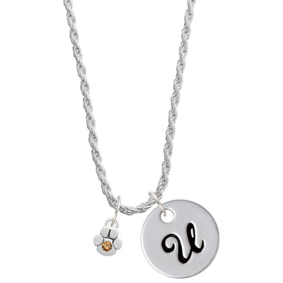 Delight Jewelry Silvertone Mini Paw with Yellow Crystal Silvertone Script Initial Disc - U - Charm Necklace, 20"+3"