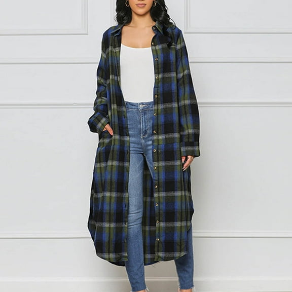 Dolkfu Jackets for Women Mid-Length Cotton Linen Blue Trench Coat Button Down Plaid Long Jacket Women's Winter Coats L