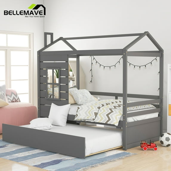 Bellemave Gray Wood Twin Size House-Shaped Kids Platform Bed Daybed with Trundle Bed for Bedroom Living Room, Wood Frame House Platform Bed Twin Size for Kids Child