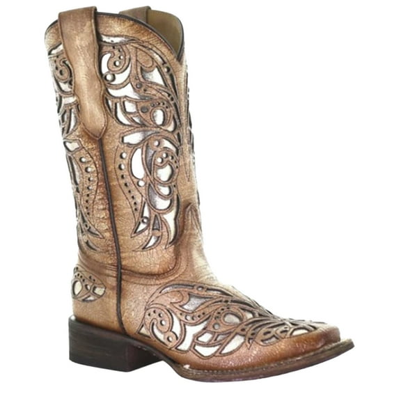 Corral Western Boots Girls 11" Leather Shiny Inlay Beige T0104