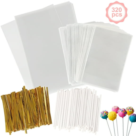 Lollipop Wrapping Kit,110pcs Small Cake Pop Bags 100pcs Paper Lollipop Sticks 110pcs Gold Twist Ties