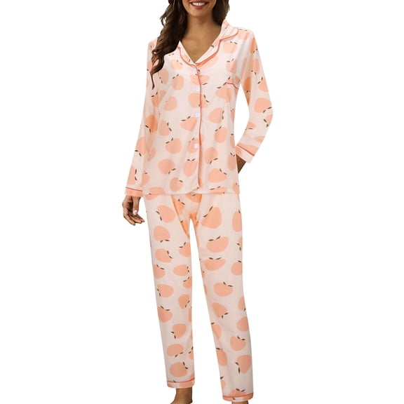 Womens Pajama Set Casual Lapel Button 2 Piece Long Sleeve Womens Pjs,Light Pink,L