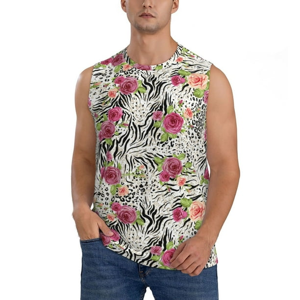 Fotbe Roses Mixed Zebra Men's Camiseta sin Mangas Estampada para Hombres, Playera Casual para Gimnasio, Entrenamiento, Playa-X-Large