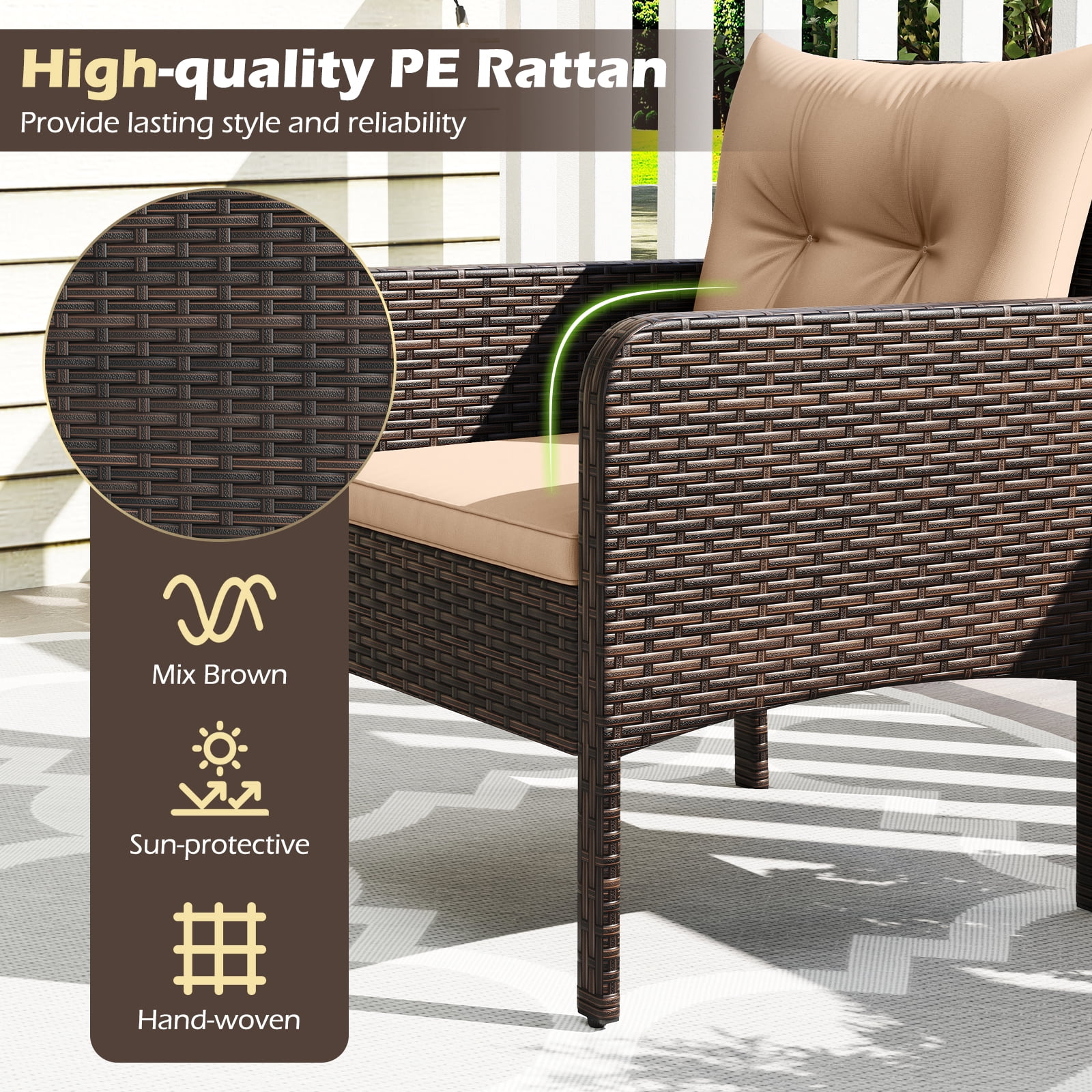 Costway 3PCS Outdoor Rattan Conversation Set Patio Garden Furniture Cushioned Sofa Chair