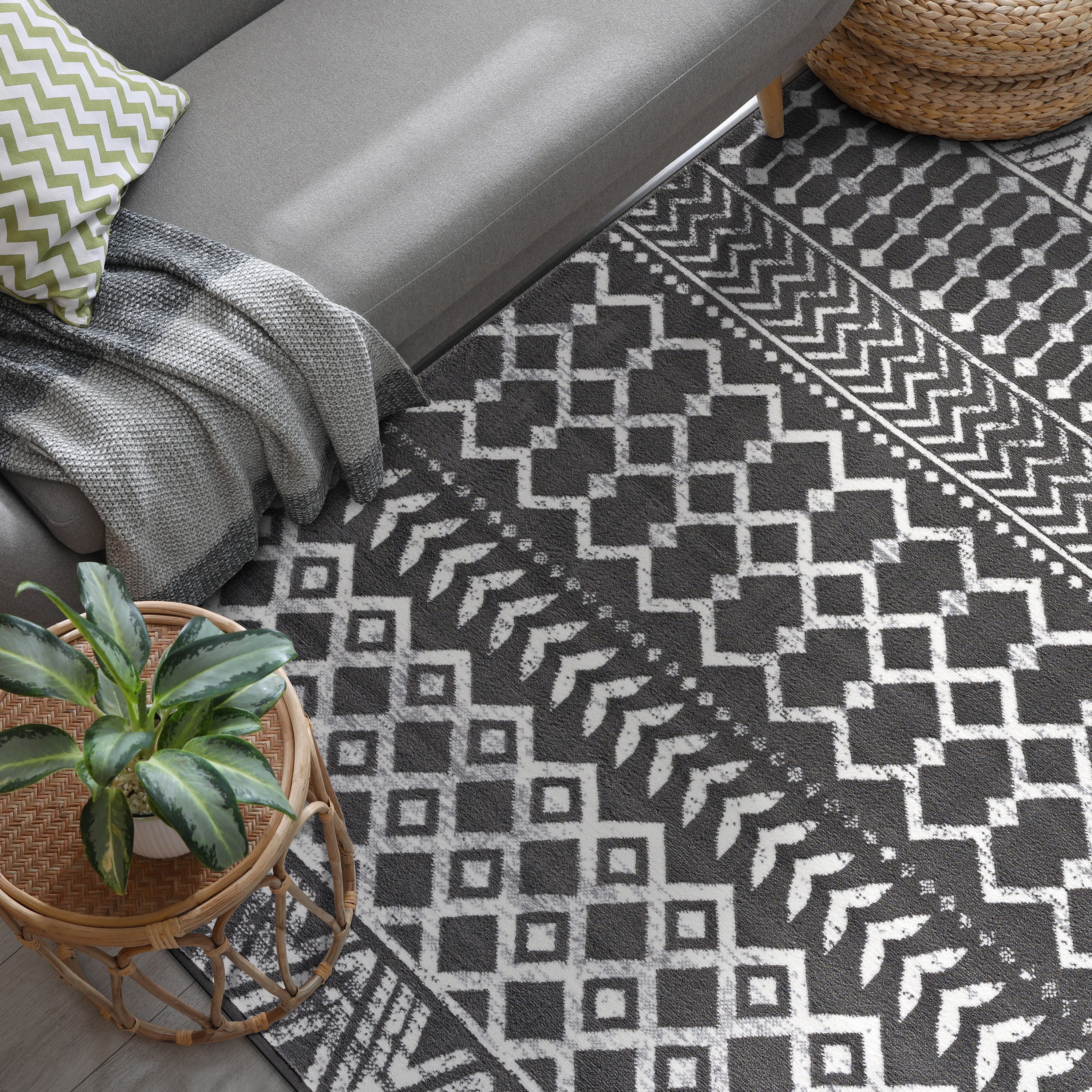 CAMILSON Crystal Dark Grey Area Rug 3'x5' Boho for Living Room Bedroom Dining Room Dark Grey / Cream Indoor Area Rugs